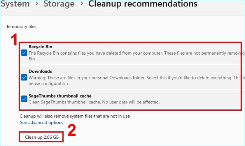 Chọn c&aacute;c tệp muốn x&oacute;a để giải ph&oacute;ng bộ nhớ ổ C Win 11