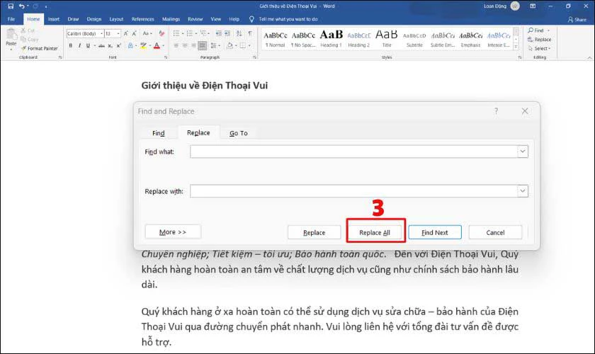 Nhấp chuột v&agrave;o &ocirc; Replace All