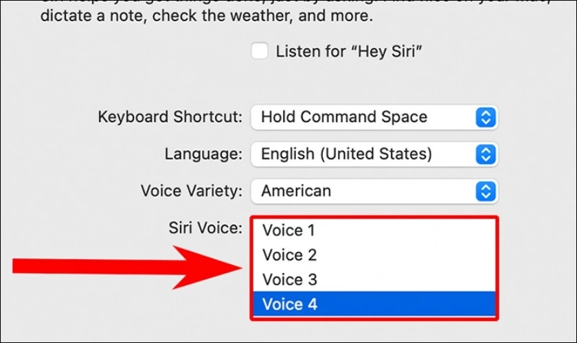 Bạn chọn giọng n&oacute;i Siri m&agrave; bạn th&iacute;ch từ menu thả xuống Siri Voice