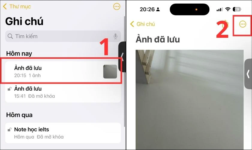 Chọn Ảnh đ&atilde; lưu v&agrave; chọn tiếp v&agrave;o dấu ba chấm ở ph&iacute;a tr&ecirc;n c&ugrave;ng m&agrave;n h&igrave;nh