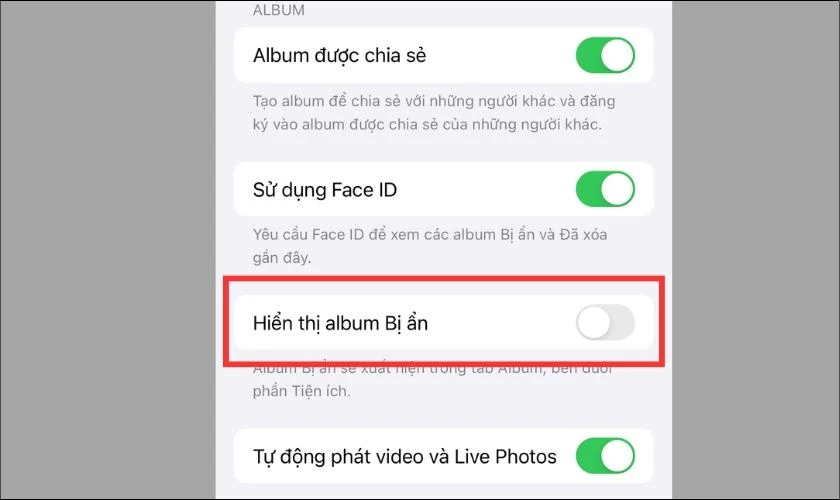 K&eacute;o thanh gạt ở phần Album bị ẩn qua b&ecirc;n tr&aacute;i để tắt