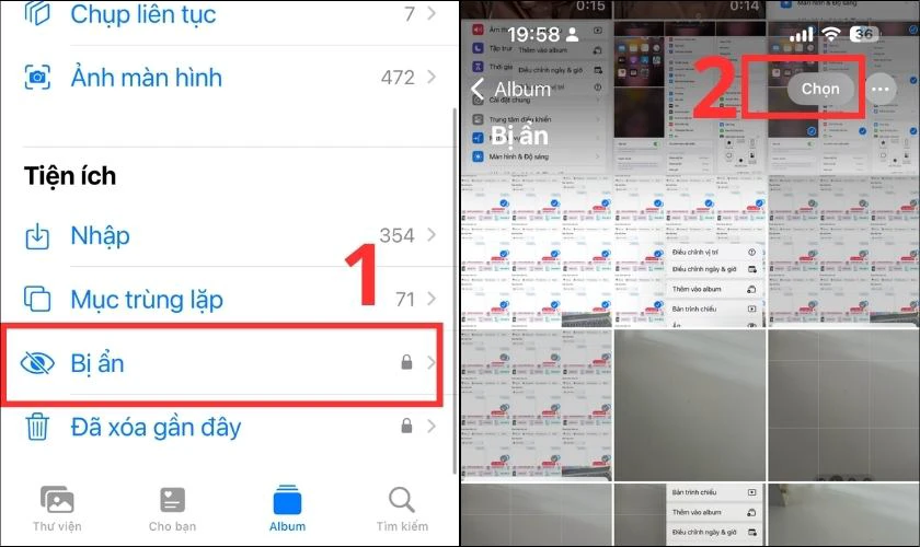 K&eacute;o xuống dưới v&agrave; chọn v&agrave;o mục Bị ẩn để xem ảnh