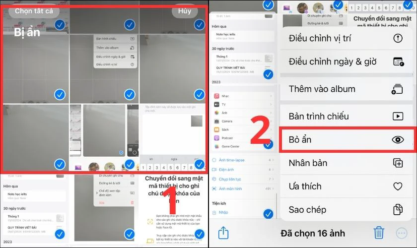 Chọn những h&igrave;nh ảnh kh&ocirc;ng muốn ẩn trong thư viện ảnh v&agrave; nhấn Bỏ ẩn
