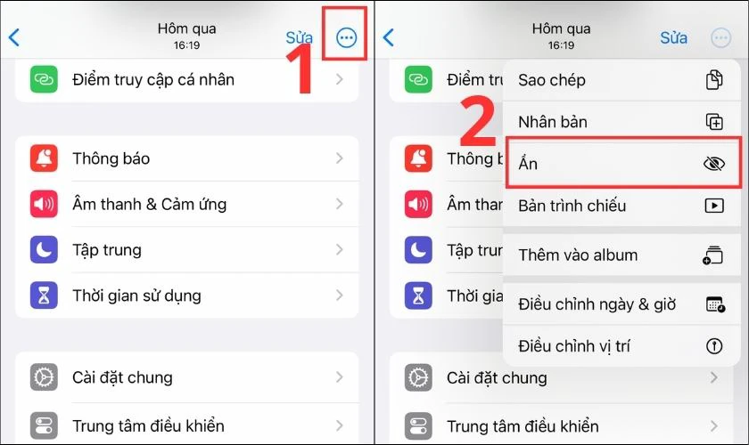 Chọn v&agrave;o dấu ba chấm như h&igrave;nh minh họa v&agrave; chọn v&agrave;o Ẩn