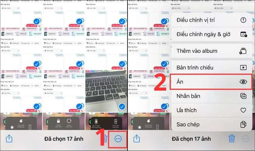 Chọn v&agrave;o dấu ba chấm b&ecirc;n g&oacute;c phải m&agrave;n h&igrave;nh v&agrave; chọn v&agrave;o mục Ẩn