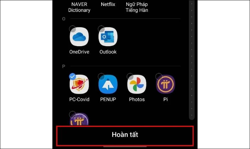 Chọn ứng dụng muốn Ẩn và nhấn vào Hoàn tất