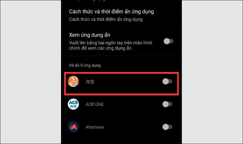 Gạt n&uacute;t để bật c&aacute;c ứng dụng bị ẩn trước đ&oacute; 