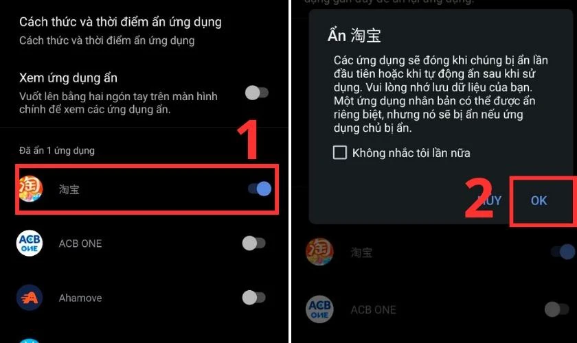 Chọn OK để x&aacute;c nhận muốn ẩn ứng dụng 