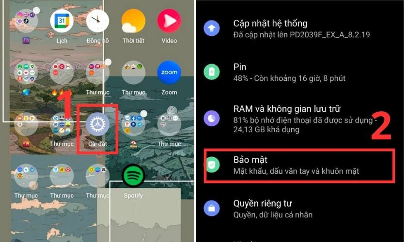 Giao diện của ứng dụng C&agrave;i đặt v&agrave; chọn v&agrave;o Bảo mật 