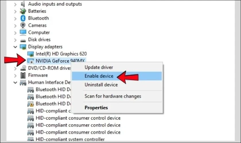 Nhấn chuột phải vào GPU. Nếu xuất hiện Enable device, chọn tùy chọn này để kích hoạt GPU