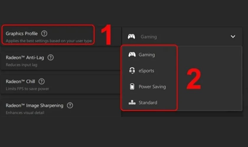 Trong phần cài đặt, tìm Graphics Profile và chọn chế độ phù hợp như Gaming hoặc eSports