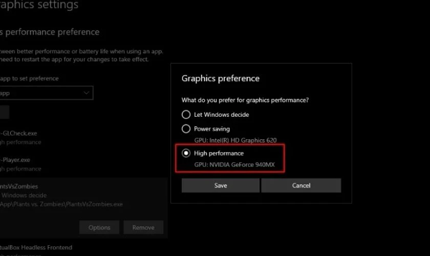 Chọn High performance để ưu tiên GPU hiệu năng cao, sau đó nhấn Save