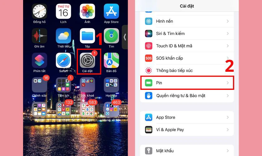 Mở C&agrave;i đặt v&agrave; chọn Pin