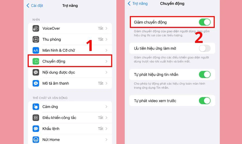 Tắt t&iacute;nh năng giảm chuyển động