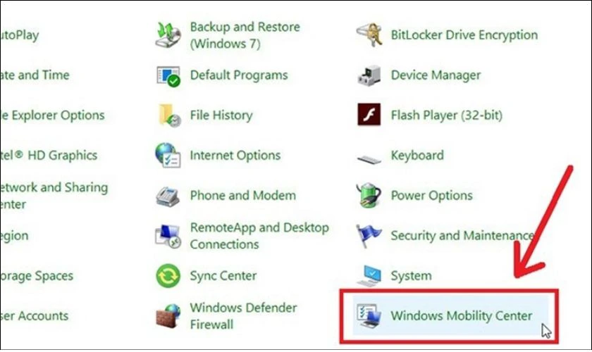 T&igrave;m kiếm v&agrave; nhấp v&agrave;o Windows Mobility Center để mở c&agrave;i đặt