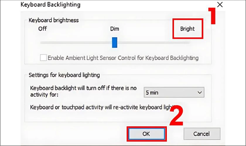 Kéo thanh kéo điều chỉnh độ sáng về chữ Bright và nhấn OK để hoàn tất