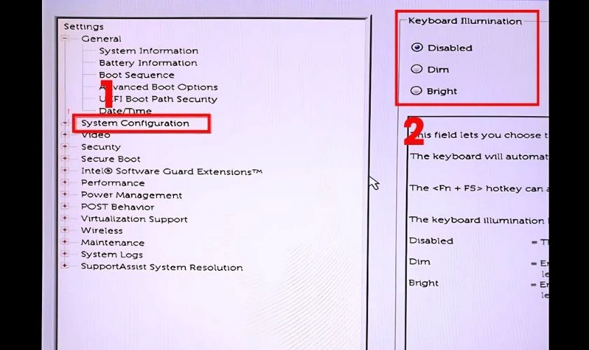 Tìm mục Keyboard Illumination hoặc Built-in Device Options