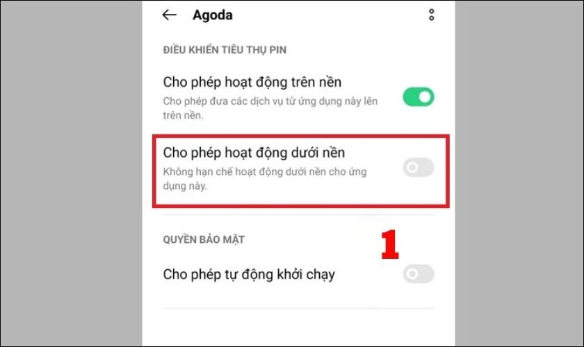Bạn nhấn v&agrave;o ứng dụng muốn tắt v&agrave; chọn tắt Cho ph&eacute;p hoạt động dưới nền
