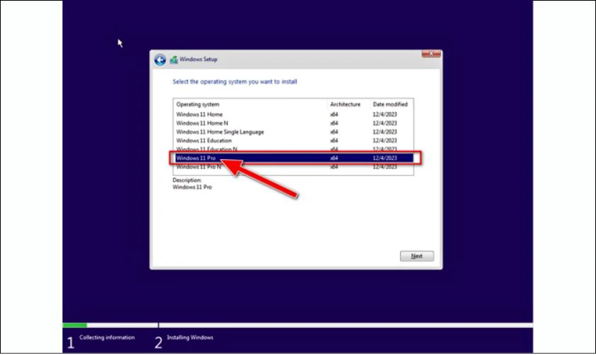 Chọn phi&ecirc;n bản hệ điều h&agrave;nh Windows 11 Pro, sau đ&oacute; nhấn Next