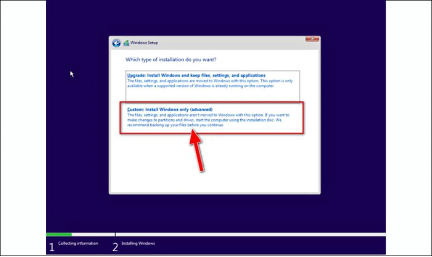 Ở bước c&agrave;i đặt, chọn Custom: Install Windows only (Advanced)