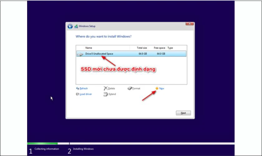 Lựa chọn ổ SSD m&agrave; bạn muốn c&agrave;i đặt hệ điều h&agrave;nh, sau đ&oacute; nhấn New, rồi Next