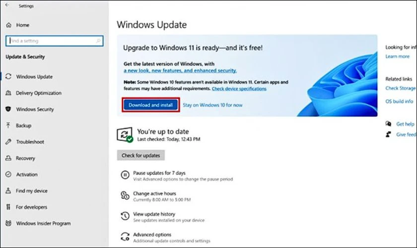 Nhấn v&agrave;o Download and install để bắt đầu qu&aacute; tr&igrave;nh n&acirc;ng cấp