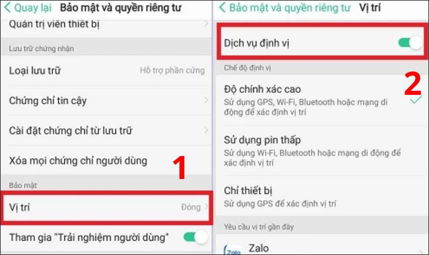 Kế đến, bạn h&atilde;y chọn v&agrave;o mục Vị tr&iacute; v&agrave; gạt n&uacute;t Dịch vụ định vị sang phải