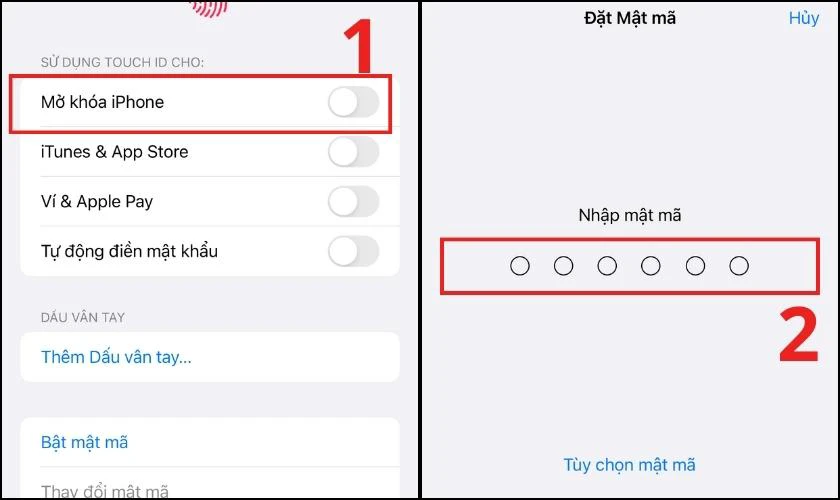 Chọn mục Bật mật m&atilde; tr&ecirc;n điện thoại 