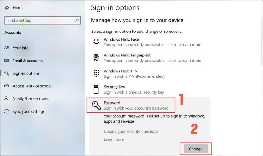 Vào Sign-in options, chọn Password và nhấn Change