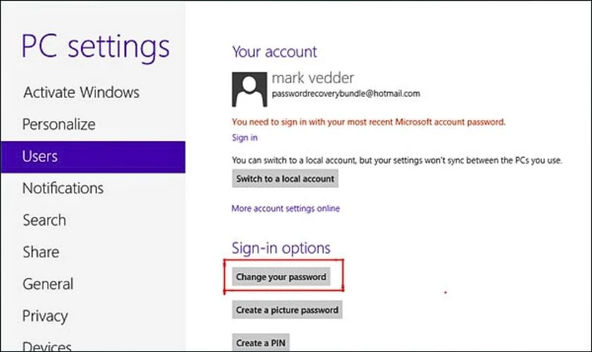 Nhấp chọn mục Change your password