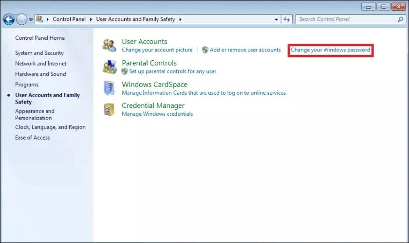 Yêu cầu đổi mật khẩu sẽ được thực hiện trong Change your Windows password