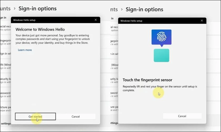 Nhấn Get started, nhập mật khẩu hoặc mã PIN hiện tại