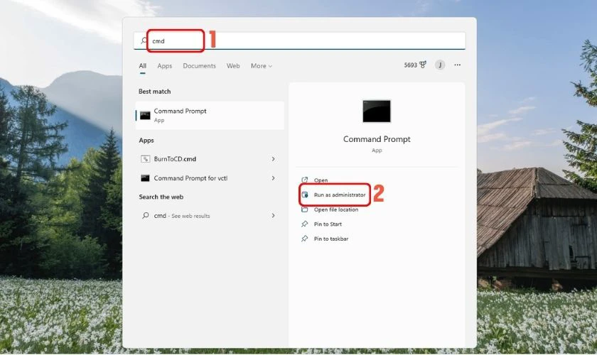 Nhấn phím Windows, gõ từ khóa cmd để hiện ra chức năng Command Prompt