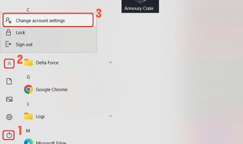 Cách cài mật khẩu máy tính Win 10 từ Menu Start