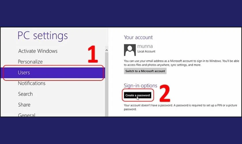 Chọn mục Users tại giao diện của PC Settings