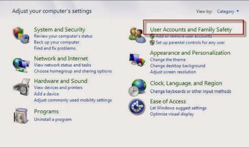 Sử dụng User Accounts and Family Safety