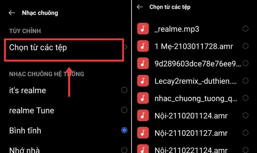 Chọn c&aacute;c tệp để c&agrave;i đặt nhạc chu&ocirc;ng tr&ecirc;n điện thoại OPPO 