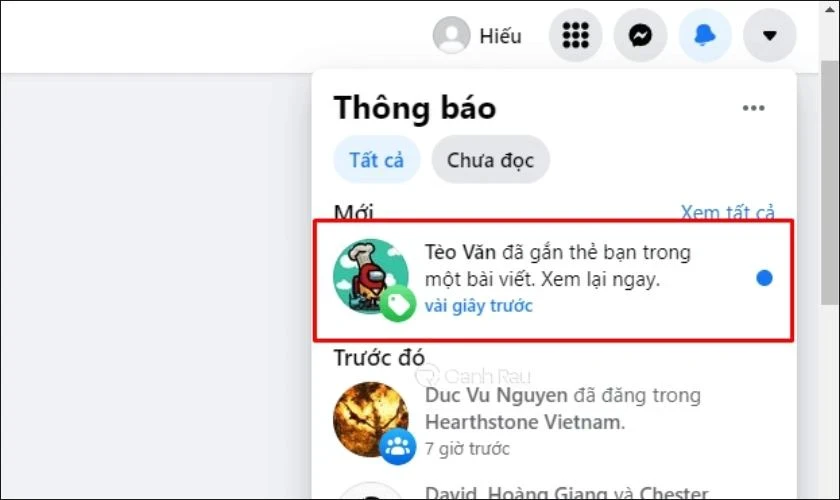 Nhấp vào dòng thông báo