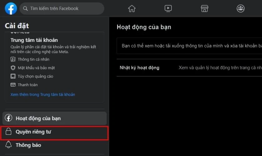 Chọn vào mục Quyền riêng tư