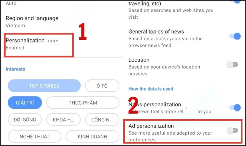 Chọn Ad personalization để tắt quảng cáo trên màn hình điện thoại OPPO
