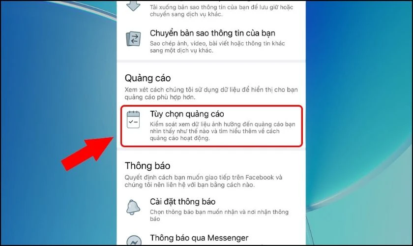 Chọn vào mục Tùy chọn quảng cáo