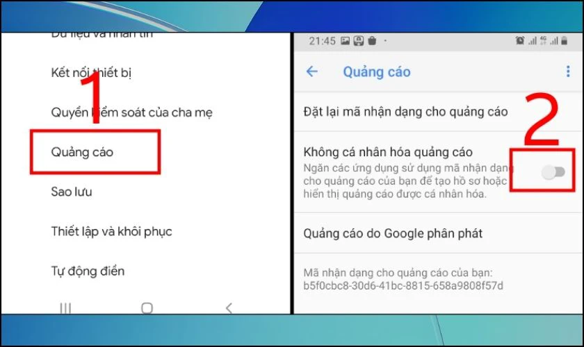Gạt bật tính năng Không cá nhân hóa quảng cáo