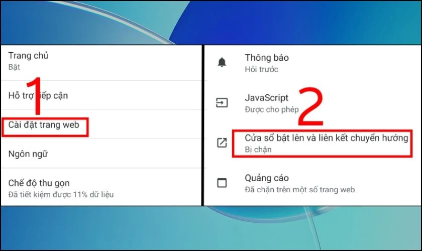 Chọn vào mục Cài đặt trang web