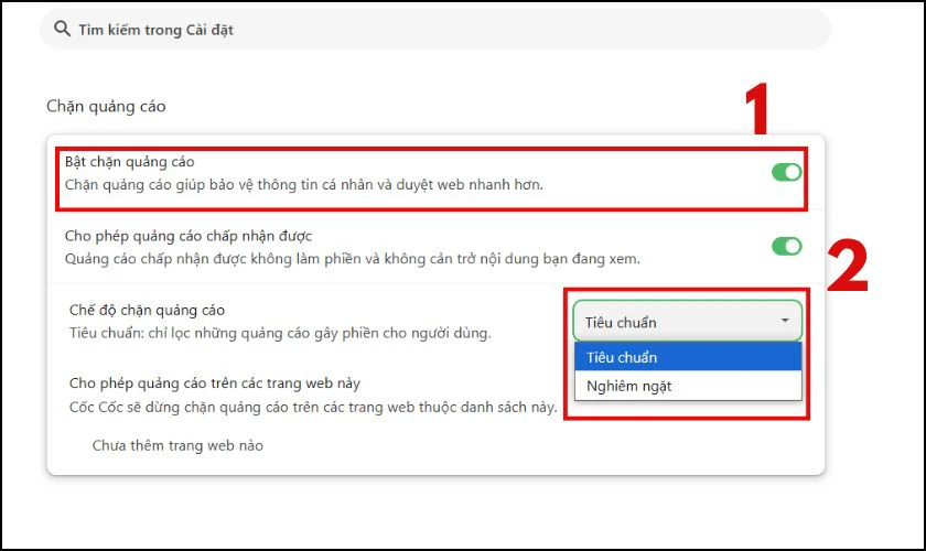 Bật tính năng chặn quảng cáo trên Cốc Cốc