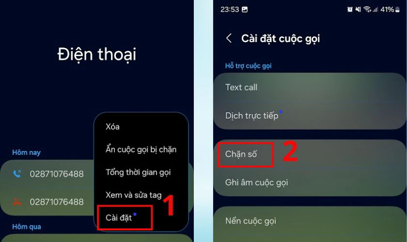 Chọn C&agrave;i đặt, rồi chọn Chặn số