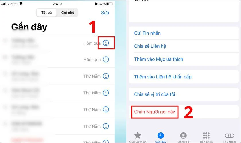 Nhấn v&agrave;o biểu tượng (i) v&agrave; tiếp tục chọn Chặn Số n&agrave;y