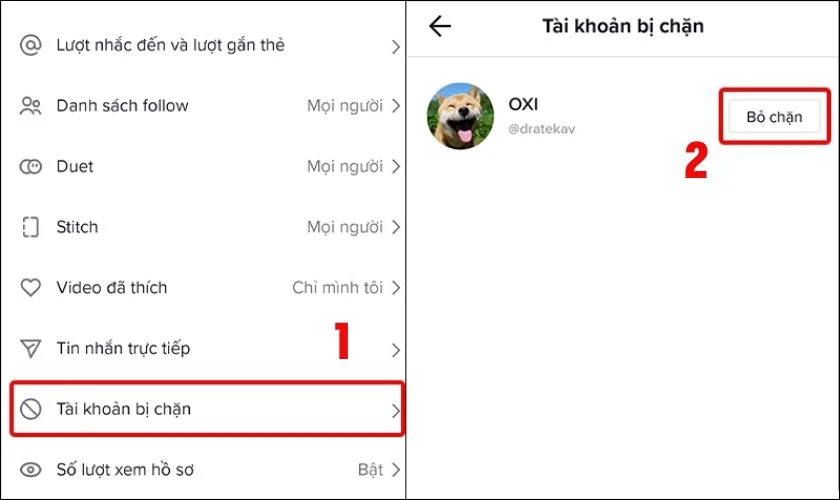 Bấm Bỏ chặn tài khoản mong muốn