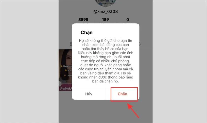 Tại danh s&aacute;ch t&ugrave;y chọn, bạn nhấn chọn Chặn v&agrave; nhấn Chặn một lần nữa