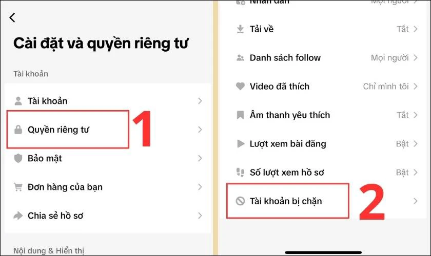 Chọn mục Quyền ri&ecirc;ng tư, nhấn chọn T&agrave;i khoản bị chặn