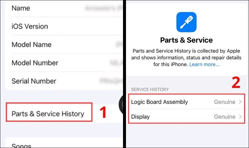 Mục Parts & Service History trong Cài đặt iPhone